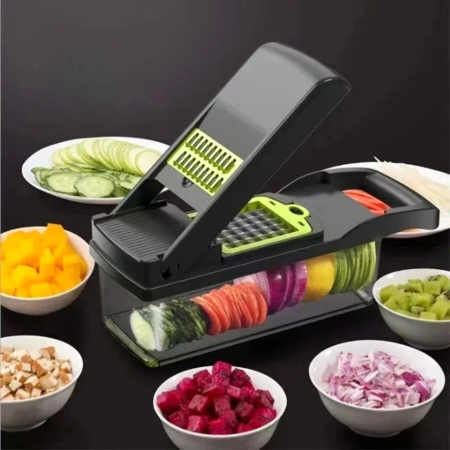 Cortador de verduras 12-en-1 Cookatia — vista hero con cuenco de ingredientes preparados