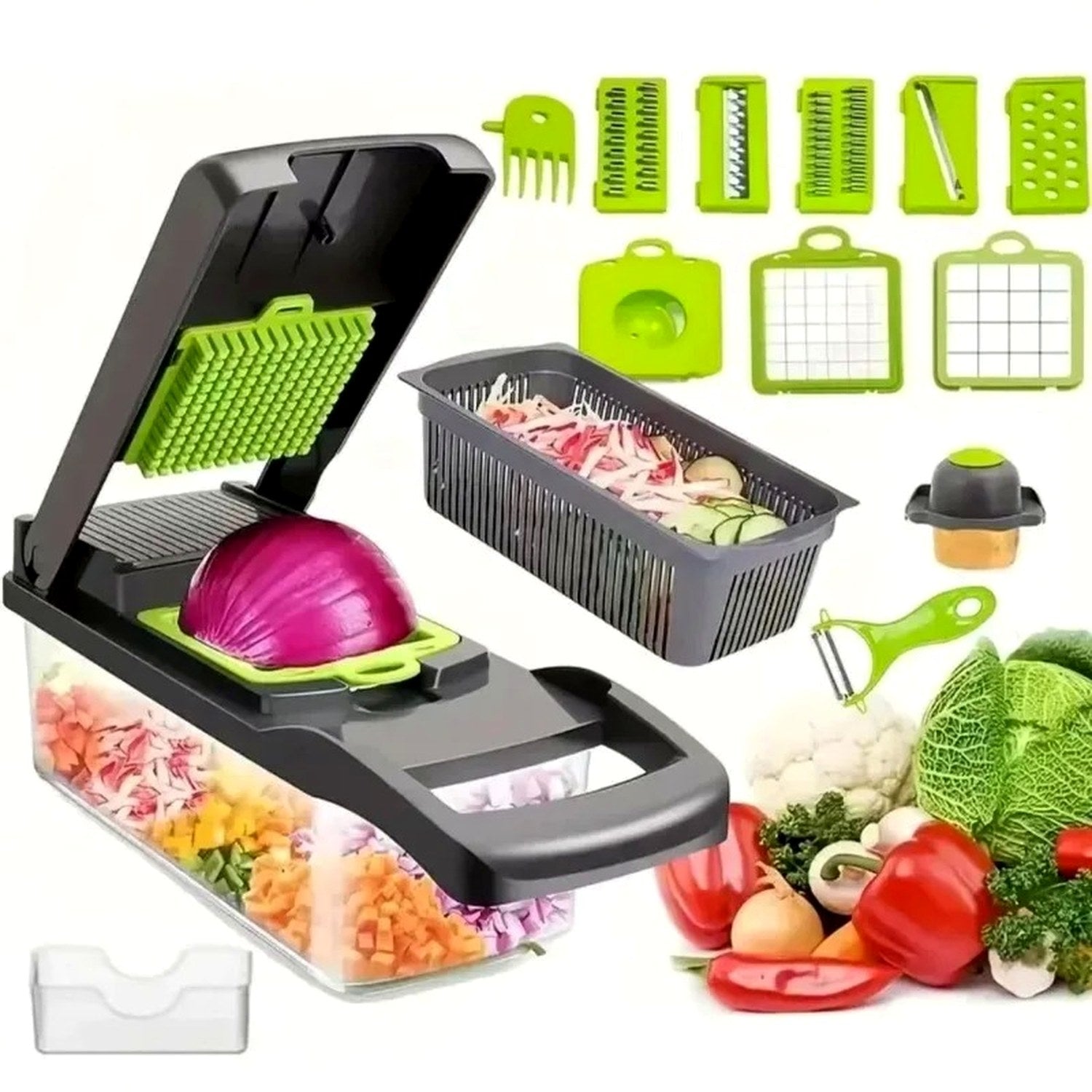 Cortador de verduras 12-en-1 Cookatia — picando cebolla morada con contenedor