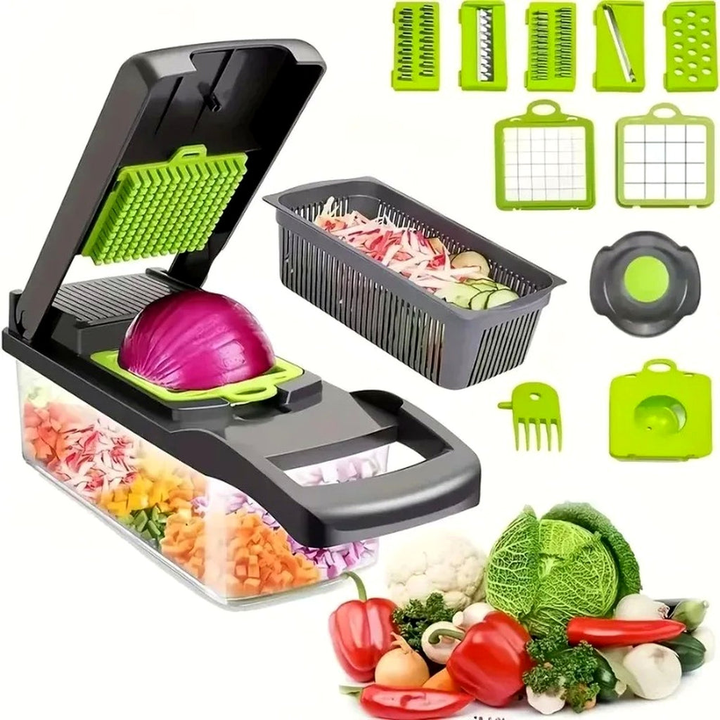 Cortador de verduras 12-en-1 Cookatia — vista lateral con accesorios y verduras