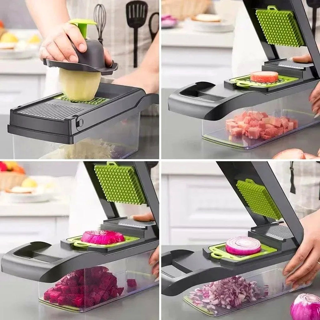 Cortador de verduras 12-en-1 Cookatia — demostración picando papa, jamón, pitahaya y cebolla
